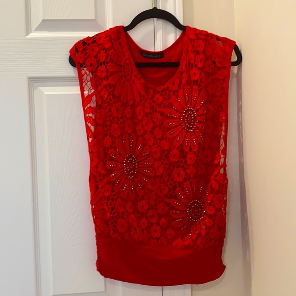Red Sequin Lace Top - Picture 1 of 2